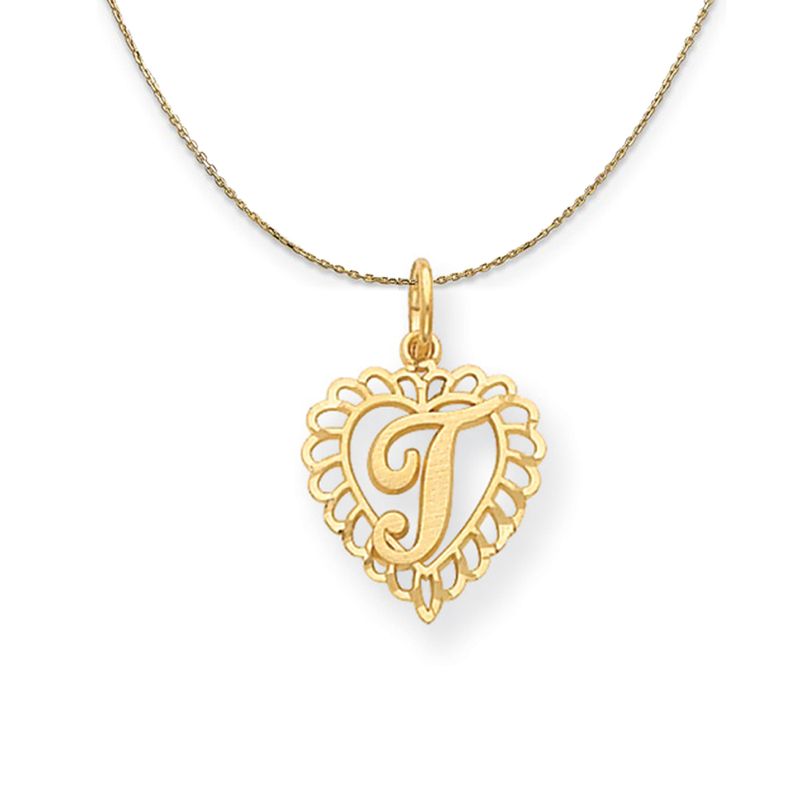 14k Yellow Gold, Grace, Satin Heart Initial T Necklace, 15mm - 22 Inch